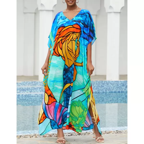 Bsubseach Women Colorful Geometric Beach Cover Up Loose Kaftan Dress