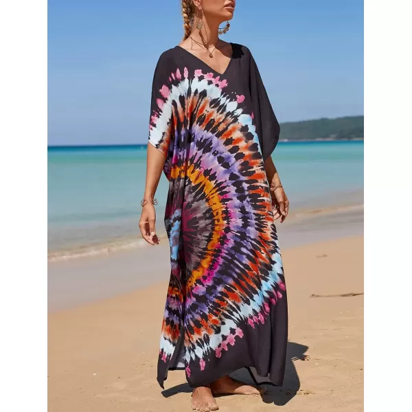 Bsubseach Women Colorful Geometric Beach Cover Up Loose Kaftan Dress