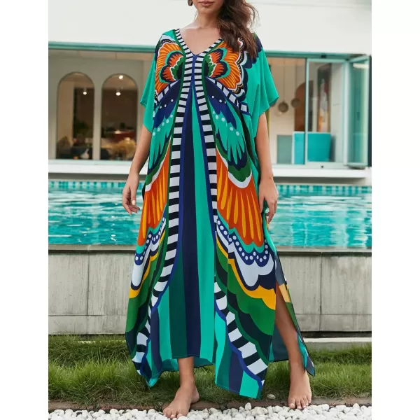Bsubseach Women Colorful Geometric Beach Cover Up Loose Kaftan Dress