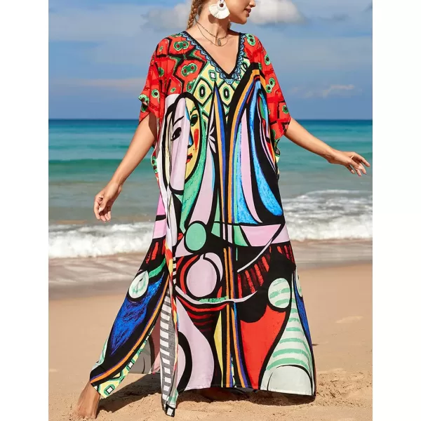 Bsubseach Women Colorful Geometric Beach Cover Up Loose Kaftan Dress