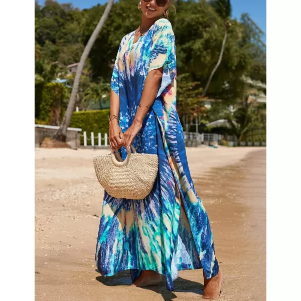 Bsubseach Women Colorful Geometric Beach Cover Up Loose Kaftan Dress