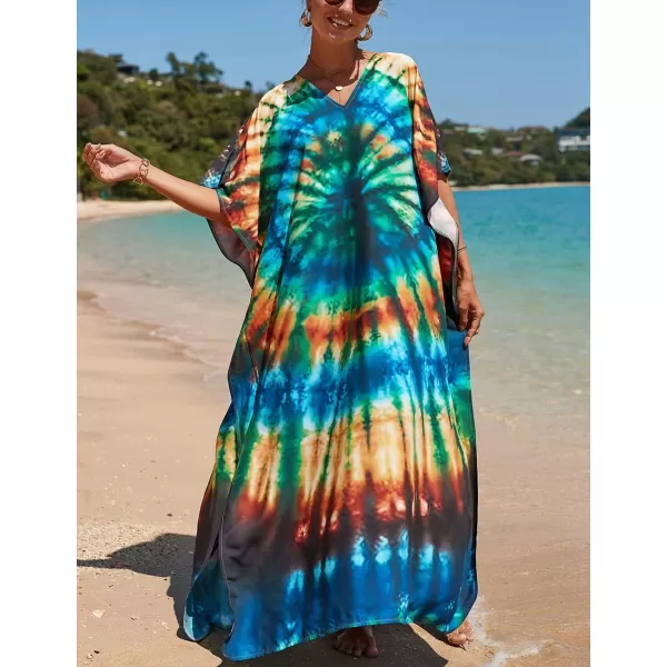 Bsubseach Women Colorful Geometric Beach Cover Up Loose Kaftan Dress