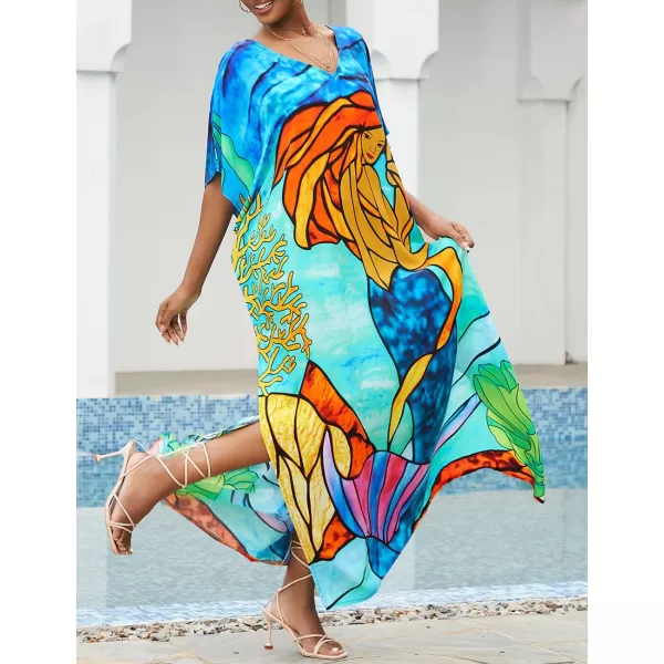 Bsubseach Women Colorful Geometric Beach Cover Up Loose Kaftan Dress