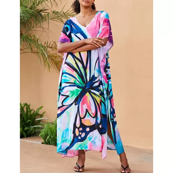 Bsubseach Women Colorful Geometric Beach Cover Up Loose Kaftan Dress