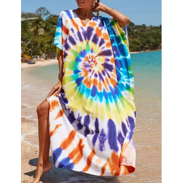 Bsubseach Women Colorful Geometric Beach Cover Up Loose Kaftan Dress