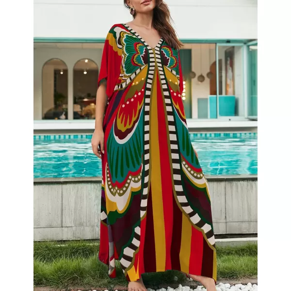 Bsubseach Women Colorful Geometric Beach Cover Up Loose Kaftan Dress