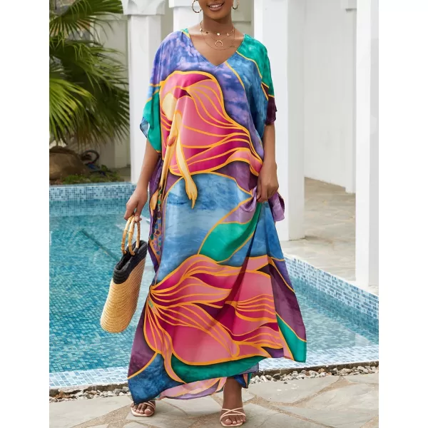 Bsubseach Women Colorful Geometric Beach Cover Up Loose Kaftan Dress