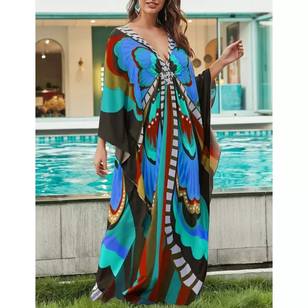 Bsubseach Women Colorful Geometric Beach Cover Up Loose Kaftan Dress