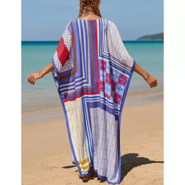 Bsubseach Women Colorful Geometric Beach Cover Up Loose Kaftan Dress