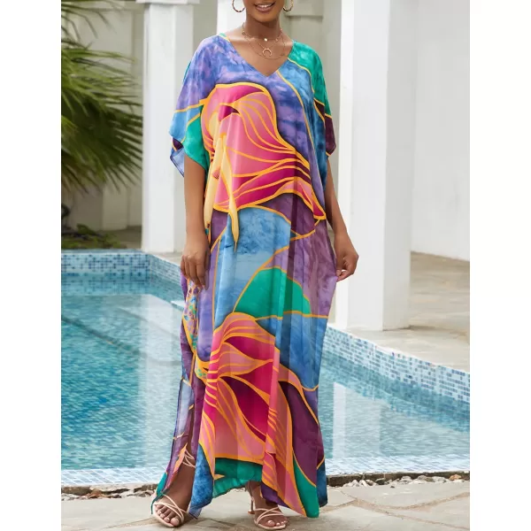 Bsubseach Women Colorful Geometric Beach Cover Up Loose Kaftan Dress