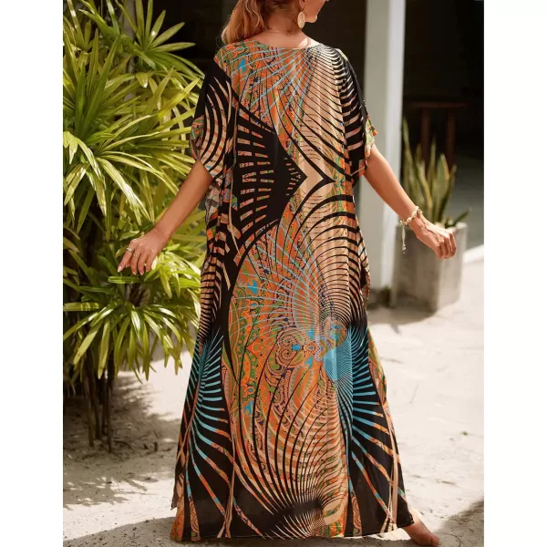 Bsubseach Women Colorful Geometric Beach Cover Up Loose Kaftan Dress