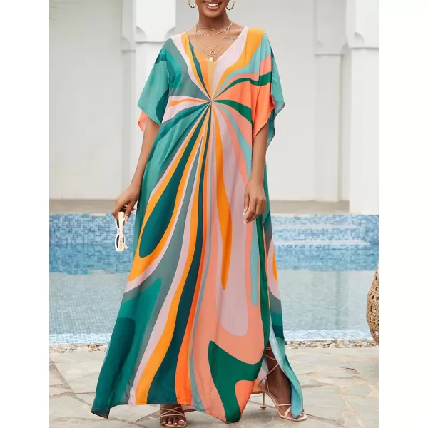 Bsubseach Women Colorful Geometric Beach Cover Up Loose Kaftan Dress