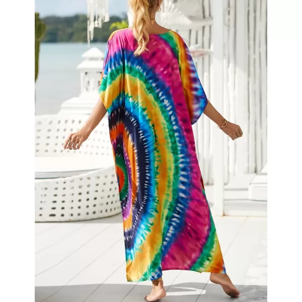 Bsubseach Women Colorful Geometric Beach Cover Up Loose Kaftan Dress