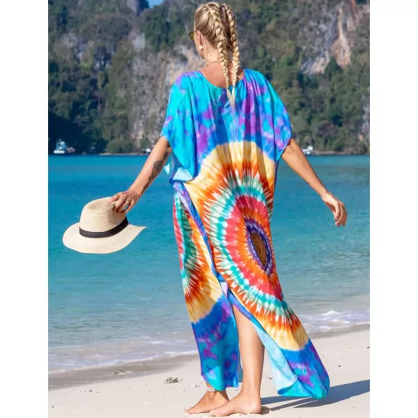 Bsubseach Women Colorful Geometric Beach Cover Up Loose Kaftan Dress