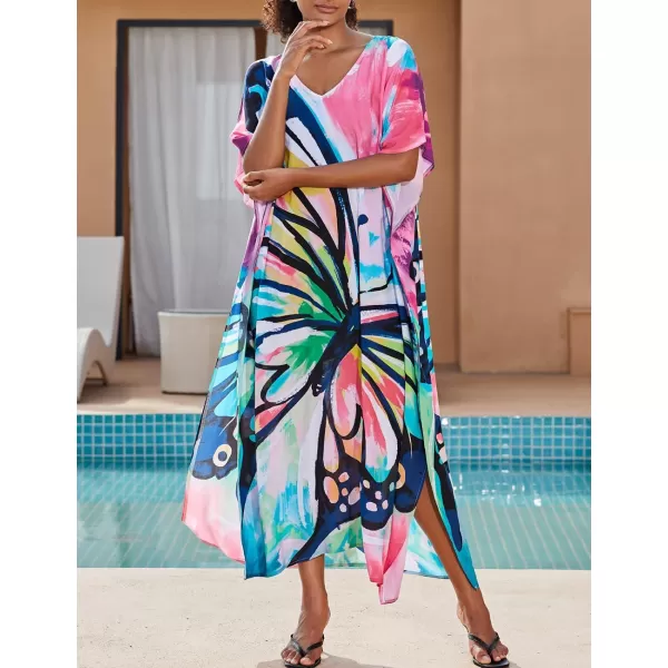Bsubseach Women Colorful Geometric Beach Cover Up Loose Kaftan Dress