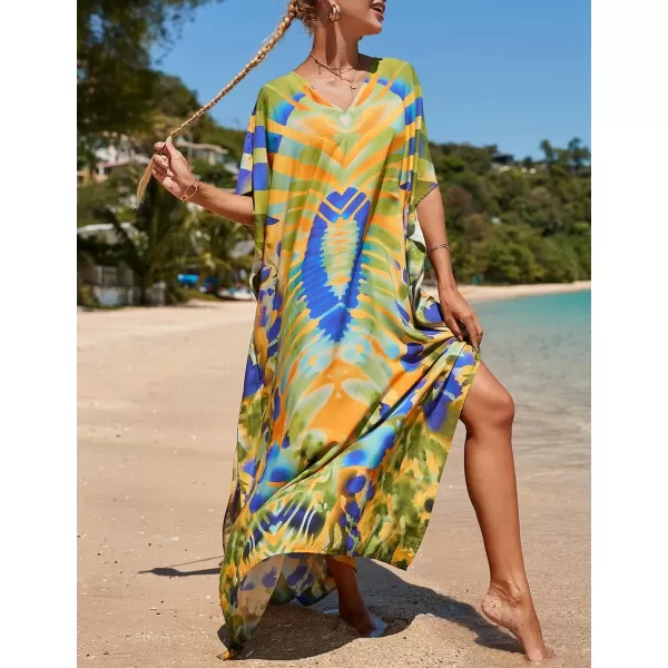 Bsubseach Women Colorful Geometric Beach Cover Up Loose Kaftan Dress