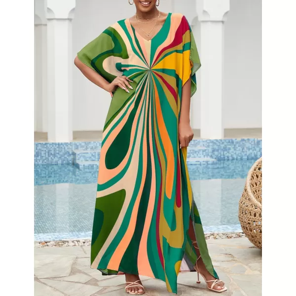 Bsubseach Women Colorful Geometric Beach Cover Up Loose Kaftan Dress