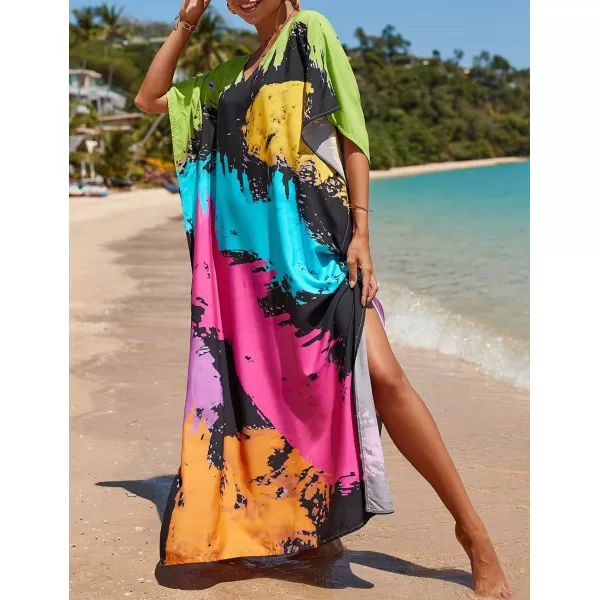 Bsubseach Women Colorful Geometric Beach Cover Up Loose Kaftan Dress