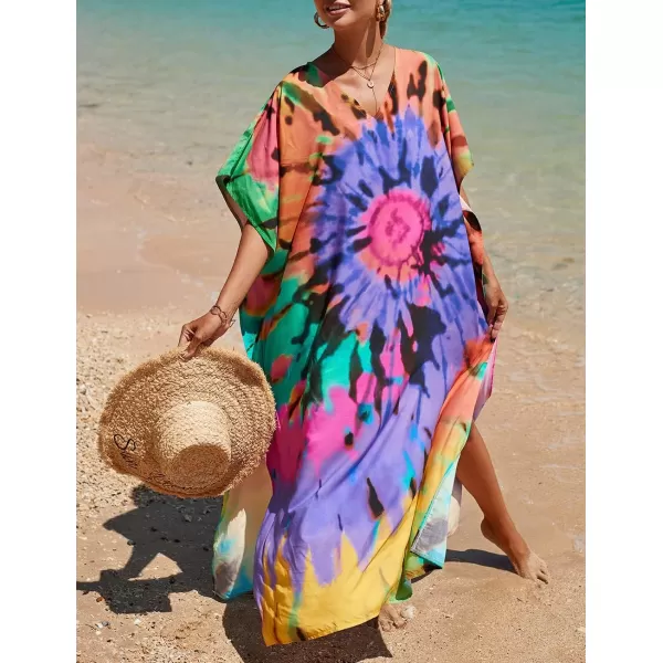 Bsubseach Women Colorful Geometric Beach Cover Up Loose Kaftan Dress