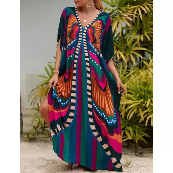 Bsubseach Women Colorful Geometric Beach Cover Up Loose Kaftan Dress