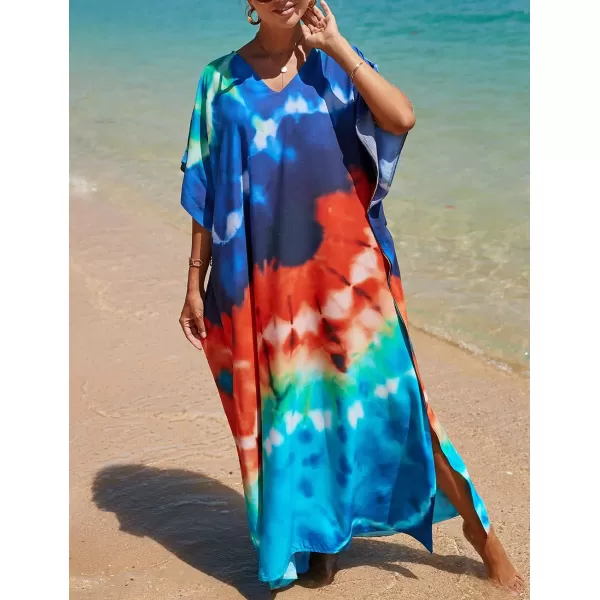 Bsubseach Women Colorful Geometric Beach Cover Up Loose Kaftan Dress