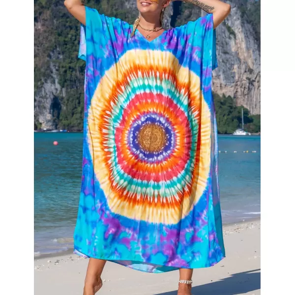 Bsubseach Women Colorful Geometric Beach Cover Up Loose Kaftan Dress