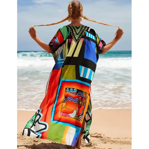 Bsubseach Women Colorful Geometric Beach Cover Up Loose Kaftan Dress