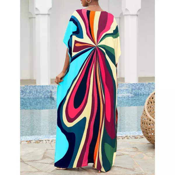 Bsubseach Women Colorful Geometric Beach Cover Up Loose Kaftan Dress
