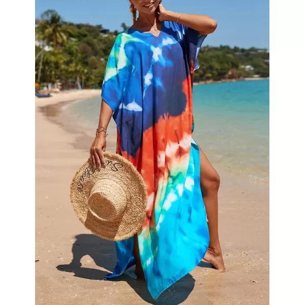 Bsubseach Women Colorful Geometric Beach Cover Up Loose Kaftan Dress