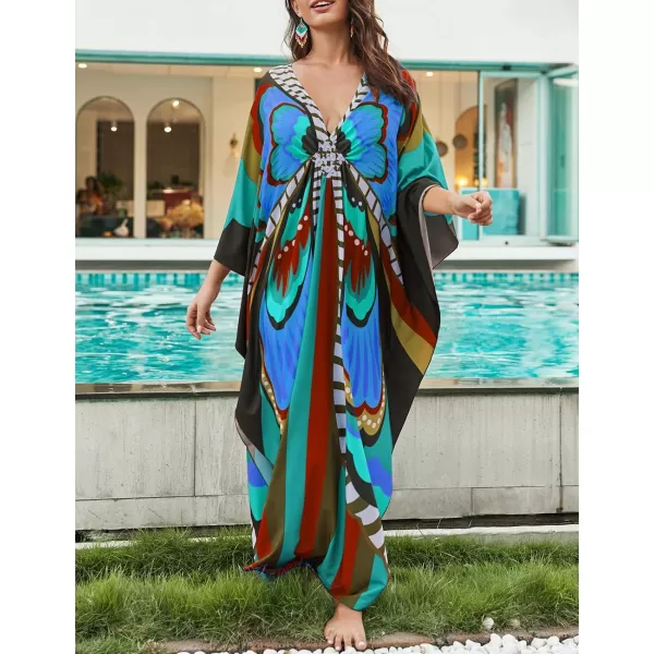 Bsubseach Women Colorful Geometric Beach Cover Up Loose Kaftan Dress