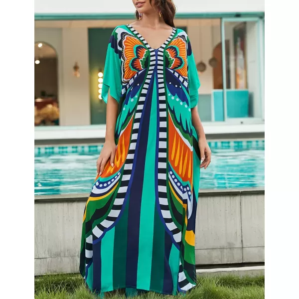 Bsubseach Women Colorful Geometric Beach Cover Up Loose Kaftan Dress