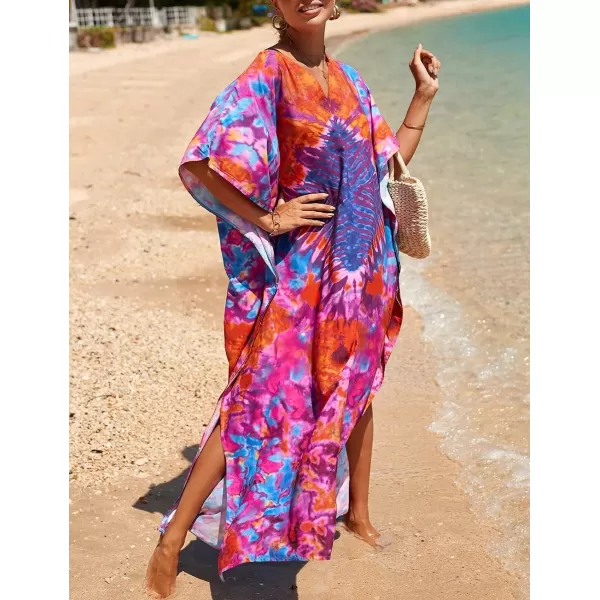 Bsubseach Women Colorful Geometric Beach Cover Up Loose Kaftan Dress