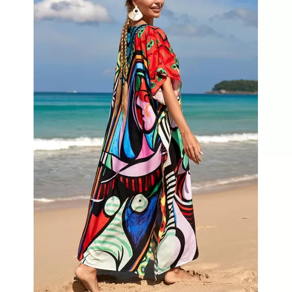 Bsubseach Women Colorful Geometric Beach Cover Up Loose Kaftan Dress