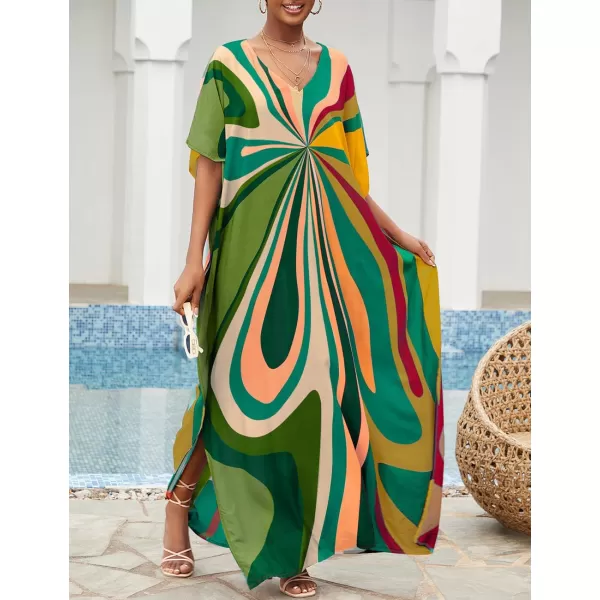 Bsubseach Women Colorful Geometric Beach Cover Up Loose Kaftan Dress