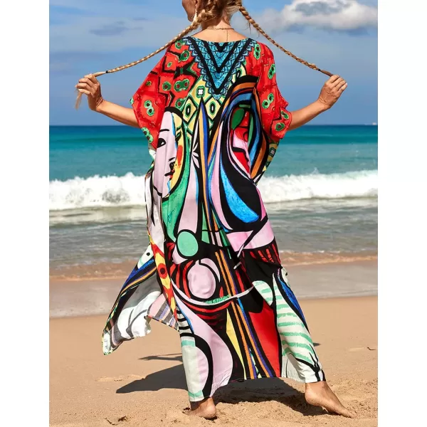 Bsubseach Women Colorful Geometric Beach Cover Up Loose Kaftan Dress