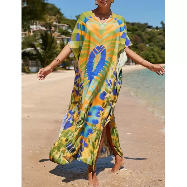 Bsubseach Women Colorful Geometric Beach Cover Up Loose Kaftan Dress