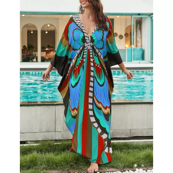Bsubseach Women Colorful Geometric Beach Cover Up Loose Kaftan Dress