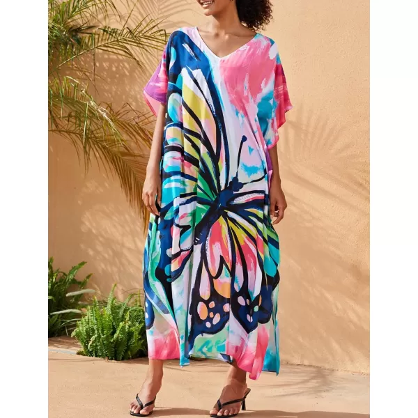 Bsubseach Women Colorful Geometric Beach Cover Up Loose Kaftan Dress