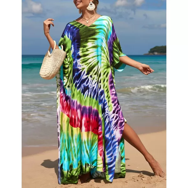 Bsubseach Women Colorful Geometric Beach Cover Up Loose Kaftan Dress