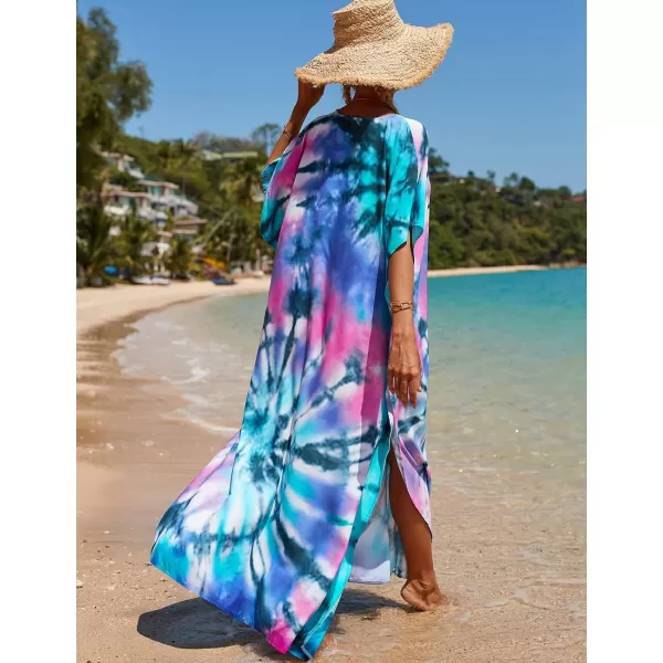 Bsubseach Women Colorful Geometric Beach Cover Up Loose Kaftan Dress