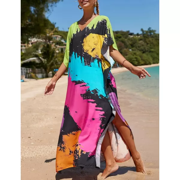 Bsubseach Women Colorful Geometric Beach Cover Up Loose Kaftan Dress