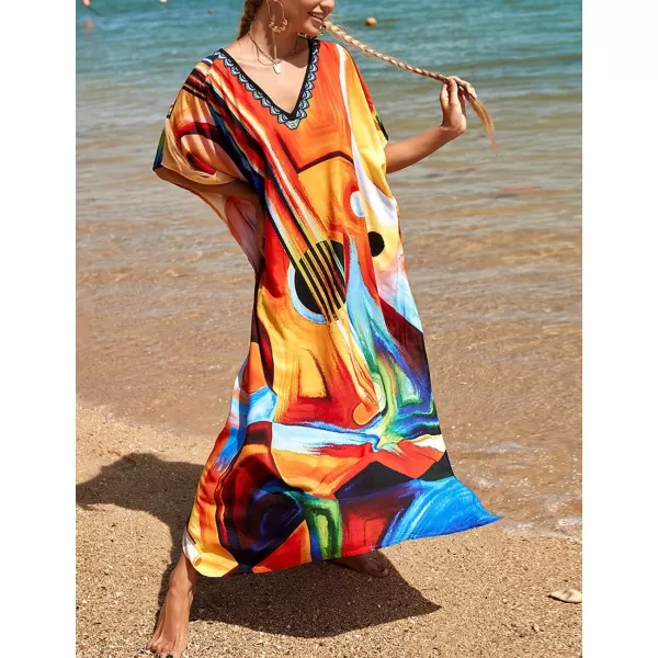 Bsubseach Women Colorful Geometric Beach Cover Up Loose Kaftan Dress