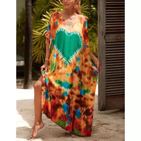 Bsubseach Women Colorful Geometric Beach Cover Up Loose Kaftan Dress