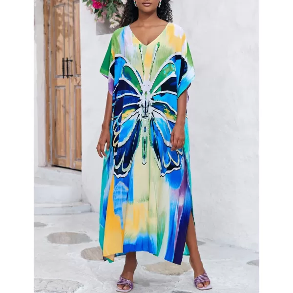 Bsubseach Women Colorful Geometric Beach Cover Up Loose Kaftan Dress