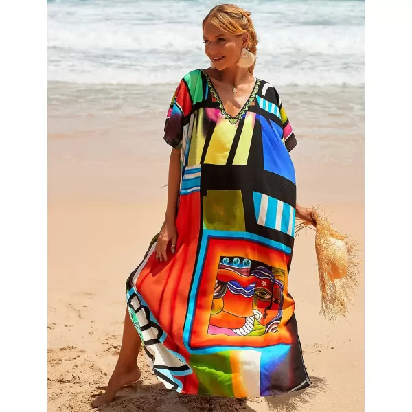 Bsubseach Women Colorful Geometric Beach Cover Up Loose Kaftan Dress