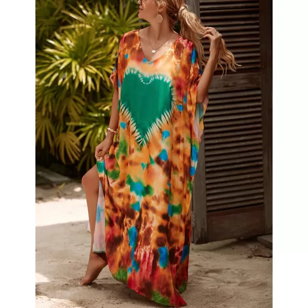 Bsubseach Women Colorful Geometric Beach Cover Up Loose Kaftan Dress