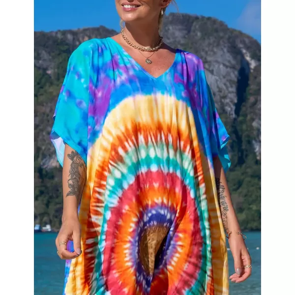 Bsubseach Women Colorful Geometric Beach Cover Up Loose Kaftan Dress