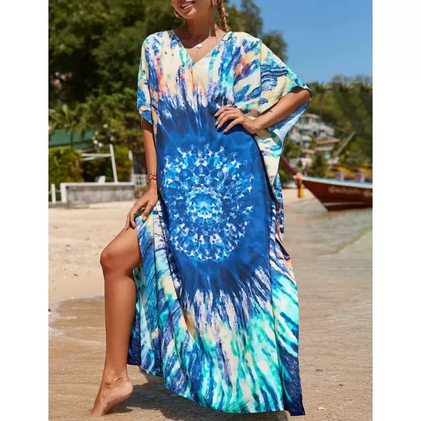 Bsubseach Women Colorful Geometric Beach Cover Up Loose Kaftan Dress