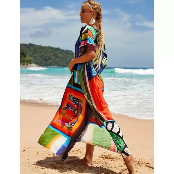 Bsubseach Women Colorful Geometric Beach Cover Up Loose Kaftan Dress
