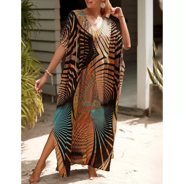 Bsubseach Women Colorful Geometric Beach Cover Up Loose Kaftan Dress